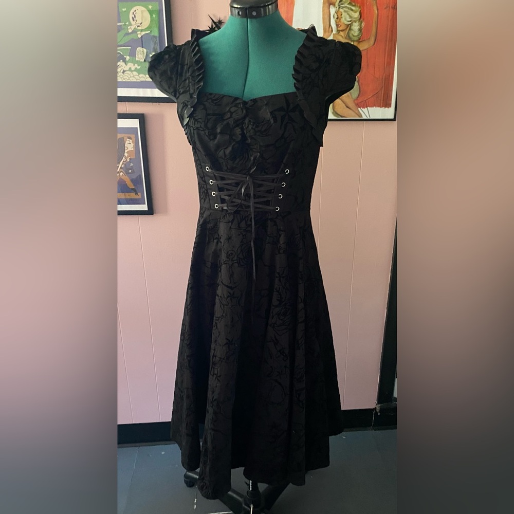 Velvet Burnout Rockabilly Print Corset Ribbon Trimmed Dress Queen Anne Neckline